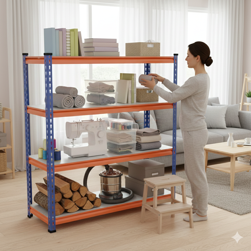 FIT-RIGHT BOLTLESS RACKS 1200MM (48") HT X 1200MM (48") WIDE X 375MM (15") DEEP 4 LEVELS LOAD CAPACITY OF 100 KGS PER LEVEL, POWDER COATED FULL METAL BODY, BLUE/ORANGE
