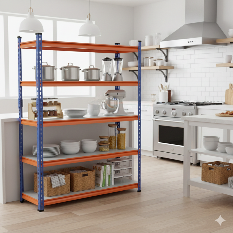 FIT-RIGHT BOLTLESS RACKS 1800MM (72") HT X 1200MM (48") WIDE X 375MM (15") DEEP 5 LEVELS LOAD CAPACITY OF 100 KGS PER LEVEL, POWDER COATED FULL METAL BODY, BLUE/ORANGE