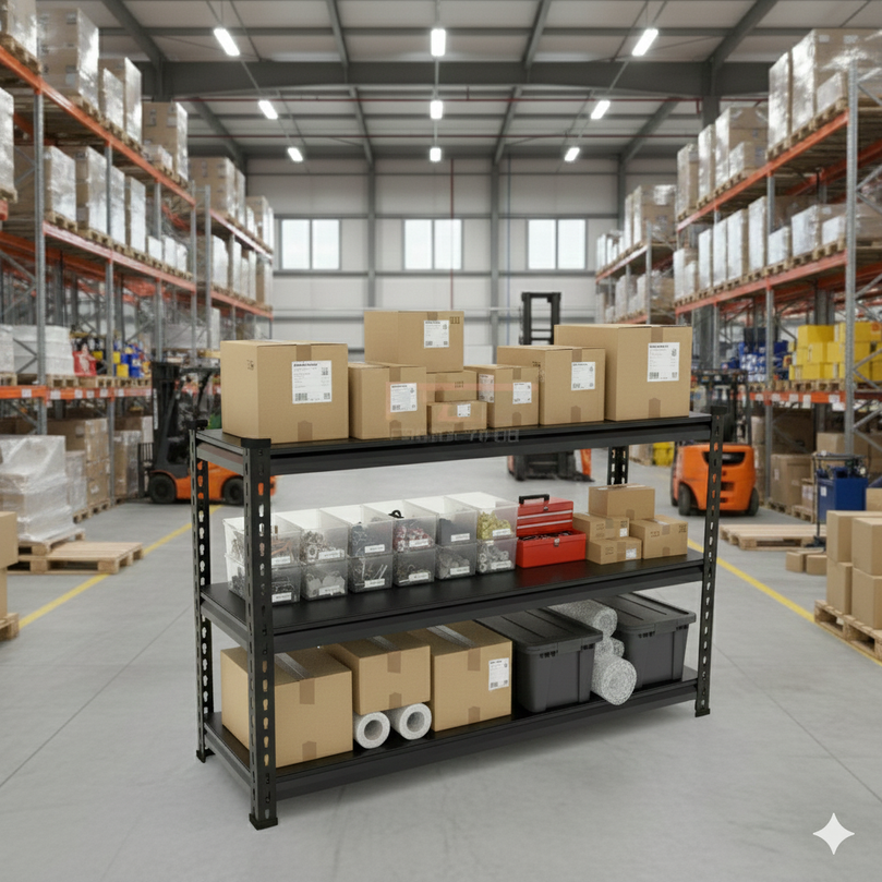 FIT-RIGHT BOLTLESS RACKS 750MM (30") HT X 900MM (36") WIDE X 300MM (12") DEEP 3 LEVELS LOAD CAPACITY OF 100 KGS PER LEVEL, POWDER COATED FULL METAL BODY, BLACK MATT