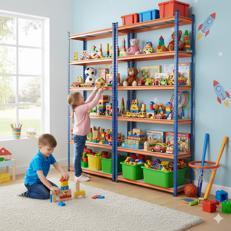 FIT-RIGHT BOLTLESS RACKS 2500MM (96") HT X 900MM (36") WIDE X 300MM (12") DEEP 6 LEVELS LOAD CAPACITY OF 100 KGS PER LEVEL, POWDER COATED FULL METAL BODY, BLUE/ORANGE