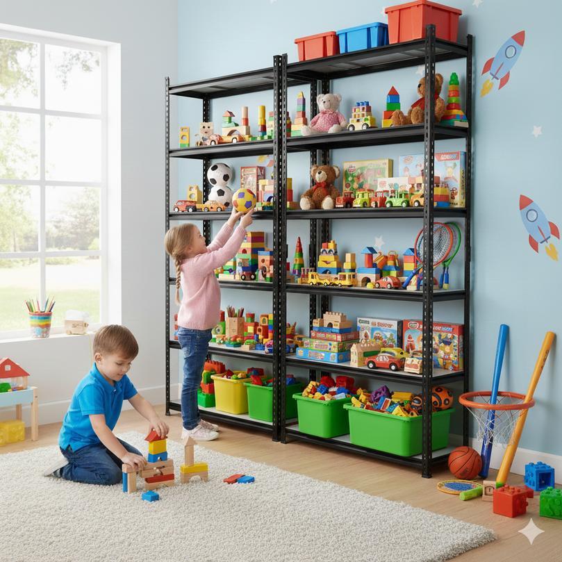 FIT-RIGHT BOLTLESS RACKS 2500MM (96") HT X 900MM (36") WIDE X 300MM (12") DEEP 6 LEVELS LOAD CAPACITY OF 100 KGS PER LEVEL, POWDER COATED FULL METAL BODY, BLACK MATT