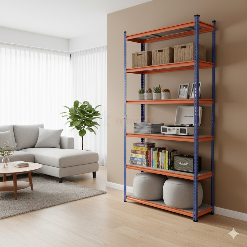 FIT-RIGHT BOLTLESS RACKS 2500MM (96") HT X 900MM (36") WIDE X 300MM (12") DEEP 6 LEVELS LOAD CAPACITY OF 100 KGS PER LEVEL, POWDER COATED FULL METAL BODY, BLUE/ORANGE