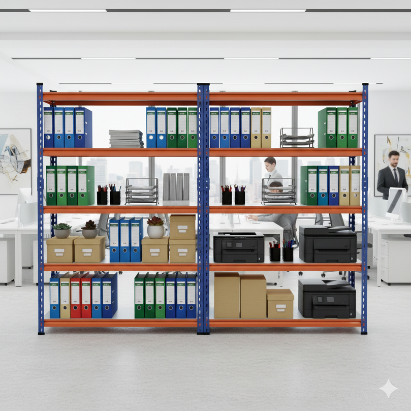 FIT-RIGHT BOLTLESS RACKS 1800MM (72") HT X 1200MM (48") WIDE X 375MM (15") DEEP 5 LEVELS LOAD CAPACITY OF 100 KGS PER LEVEL, POWDER COATED FULL METAL BODY, BLUE/ORANGE