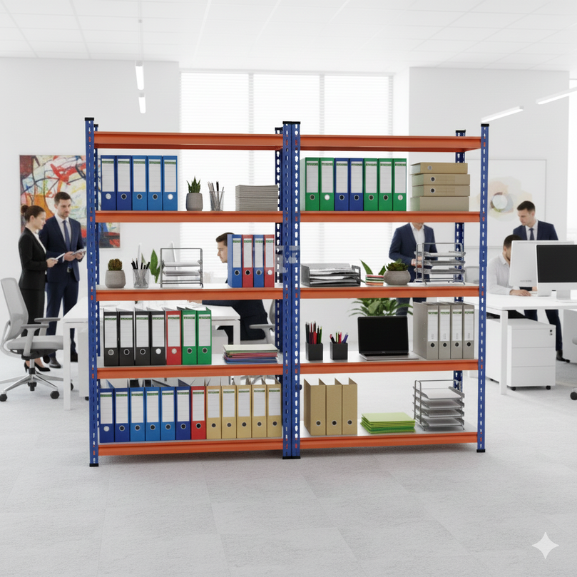 FIT-RIGHT BOLTLESS RACKS 1800MM (72") HT X 1200MM (48") WIDE X 375MM (15") DEEP 5 LEVELS LOAD CAPACITY OF 100 KGS PER LEVEL, POWDER COATED FULL METAL BODY, BLUE/ORANGE