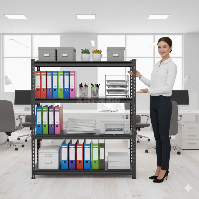 FIT-RIGHT BOLTLESS RACKS 1200MM (48") HT X 1200MM (48") WIDE X 375MM (15") DEEP 4 LEVELS LOAD CAPACITY OF 100 KGS PER LEVEL, POWDER COATED FULL METAL BODY, BLACK MATT