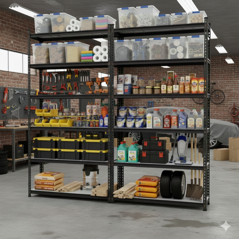 FIT-RIGHT BOLTLESS RACKS 2500MM (96") HT X 900MM (36") WIDE X 300MM (12") DEEP 6 LEVELS LOAD CAPACITY OF 100 KGS PER LEVEL, POWDER COATED FULL METAL BODY, BLACK MATT