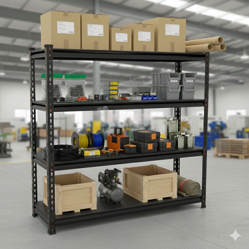 FIT-RIGHT BOLTLESS RACKS 1200MM (48") HT X 1200MM (48") WIDE X 375MM (15") DEEP 4 LEVELS LOAD CAPACITY OF 100 KGS PER LEVEL, POWDER COATED FULL METAL BODY, BLACK MATT