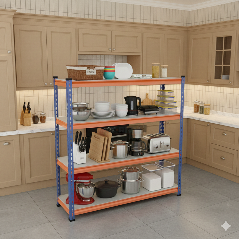 FIT-RIGHT BOLTLESS RACKS 1200MM (48") HT X 1200MM (48") WIDE X 375MM (15") DEEP 4 LEVELS LOAD CAPACITY OF 100 KGS PER LEVEL, POWDER COATED FULL METAL BODY, BLUE/ORANGE