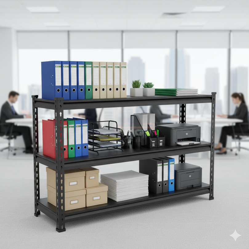 FIT-RIGHT BOLTLESS RACKS 750MM (30") HT X 900MM (36") WIDE X 300MM (12") DEEP 3 LEVELS LOAD CAPACITY OF 100 KGS PER LEVEL, POWDER COATED FULL METAL BODY, BLACK MATT