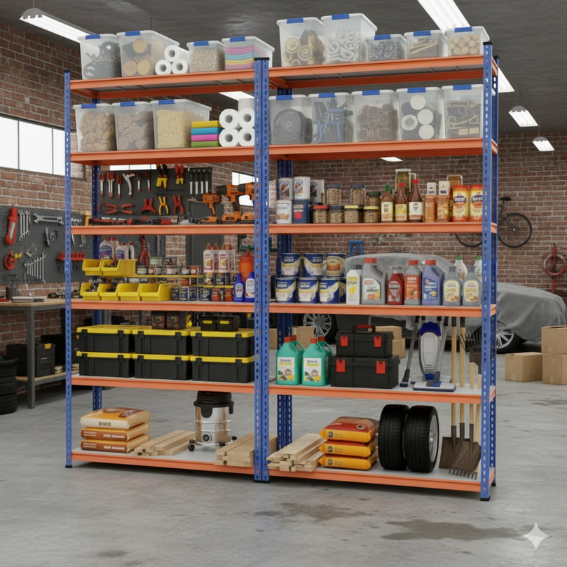 FIT-RIGHT BOLTLESS RACKS 2500MM (96") HT X 900MM (36") WIDE X 300MM (12") DEEP 6 LEVELS LOAD CAPACITY OF 100 KGS PER LEVEL, POWDER COATED FULL METAL BODY, BLUE/ORANGE