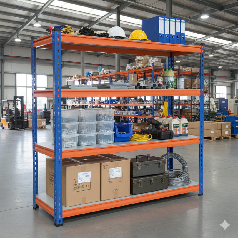 FIT-RIGHT BOLTLESS RACKS 1200MM (48") HT X 1200MM (48") WIDE X 375MM (15") DEEP 4 LEVELS LOAD CAPACITY OF 100 KGS PER LEVEL, POWDER COATED FULL METAL BODY, BLUE/ORANGE