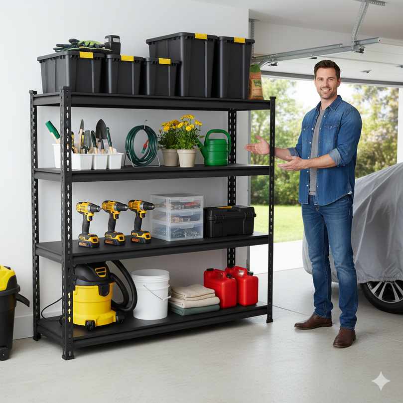 FIT-RIGHT BOLTLESS RACKS 1200MM (48") HT X 1200MM (48") WIDE X 375MM (15") DEEP 4 LEVELS LOAD CAPACITY OF 100 KGS PER LEVEL, POWDER COATED FULL METAL BODY, BLACK MATT