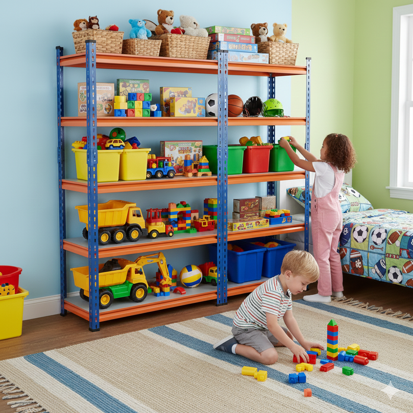 FIT-RIGHT BOLTLESS RACKS 1800MM (72") HT X 900MM (36") WIDE X 375MM (15") DEEP 5 LEVELS LOAD CAPACITY OF 100 KGS PER LEVEL, POWDER COATED FULL METAL BODY, BLUE/ORANGE