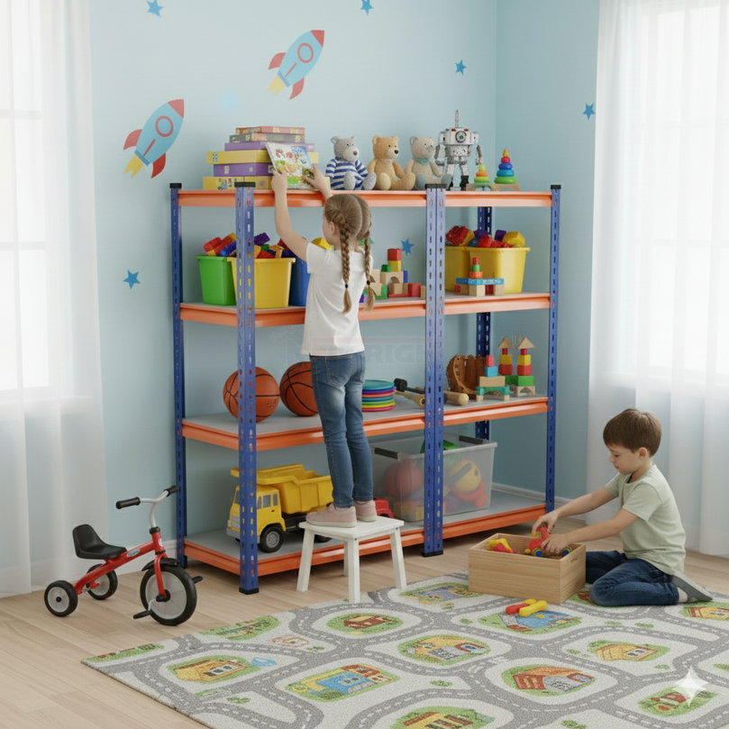 FIT-RIGHT BOLTLESS RACKS 1200MM (48") HT X 1200MM (48") WIDE X 375MM (15") DEEP 4 LEVELS LOAD CAPACITY OF 100 KGS PER LEVEL, POWDER COATED FULL METAL BODY, BLUE/ORANGE