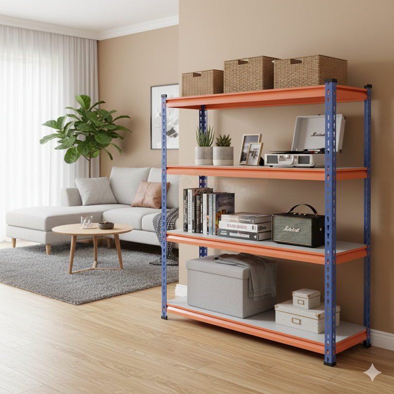 FIT-RIGHT BOLTLESS RACKS 1200MM (48") HT X 1200MM (48") WIDE X 375MM (15") DEEP 4 LEVELS LOAD CAPACITY OF 100 KGS PER LEVEL, POWDER COATED FULL METAL BODY, BLUE/ORANGE