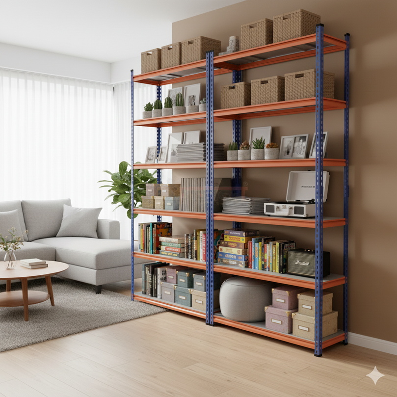 FIT-RIGHT BOLTLESS RACKS 2500MM (96") HT X 900MM (36") WIDE X 300MM (12") DEEP 6 LEVELS LOAD CAPACITY OF 100 KGS PER LEVEL, POWDER COATED FULL METAL BODY, BLUE/ORANGE