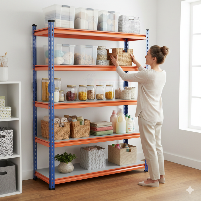 FIT-RIGHT BOLTLESS RACKS 1800MM (72") HT X 1200MM (48") WIDE X 375MM (15") DEEP 5 LEVELS LOAD CAPACITY OF 100 KGS PER LEVEL, POWDER COATED FULL METAL BODY, BLUE/ORANGE