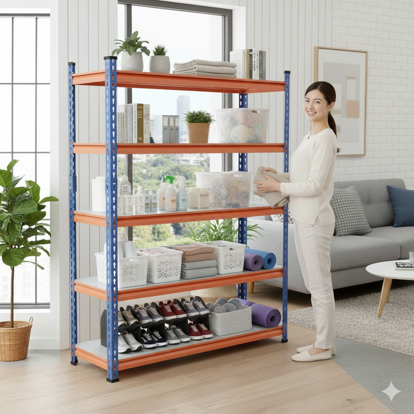 FIT-RIGHT BOLTLESS RACKS 1800MM (72") HT X 1200MM (48") WIDE X 375MM (15") DEEP 5 LEVELS LOAD CAPACITY OF 100 KGS PER LEVEL, POWDER COATED FULL METAL BODY, BLUE/ORANGE