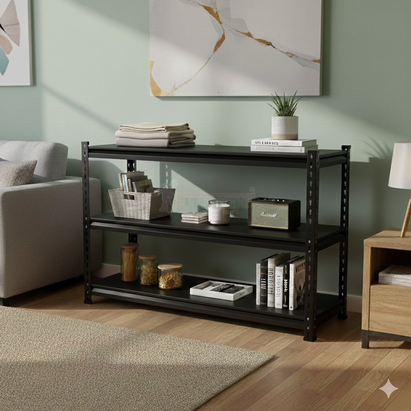 FIT-RIGHT BOLTLESS RACKS 750MM (30") HT X 900MM (36") WIDE X 300MM (12") DEEP 3 LEVELS LOAD CAPACITY OF 100 KGS PER LEVEL, POWDER COATED FULL METAL BODY, BLACK MATT