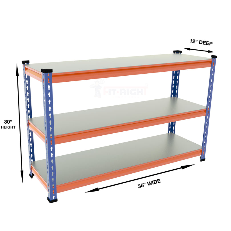 FIT-RIGHT BOLTLESS RACKS 750MM (30") HT X 900MM (36") WIDE X 300MM (12") DEEP 3 LEVELS LOAD CAPACITY OF 100 KGS PER LEVEL, POWDER COATED FULL METAL BODY, BLUE/ORANGE