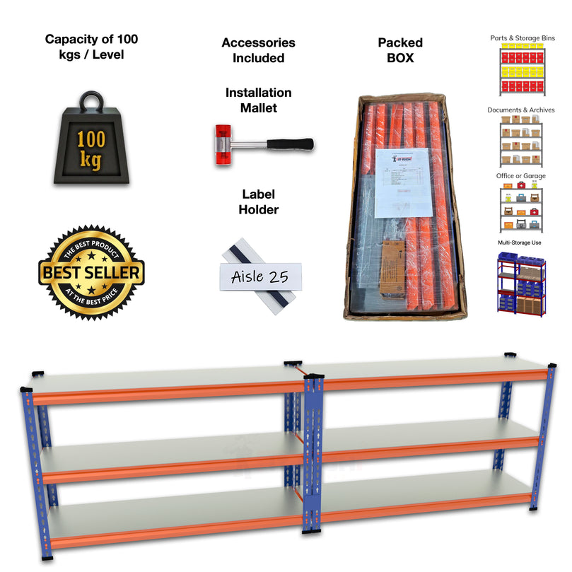 FIT-RIGHT BOLTLESS RACKS 750MM (30") HT X 900MM (36") WIDE X 300MM (12") DEEP 3 LEVELS LOAD CAPACITY OF 100 KGS PER LEVEL, POWDER COATED FULL METAL BODY, BLUE/ORANGE