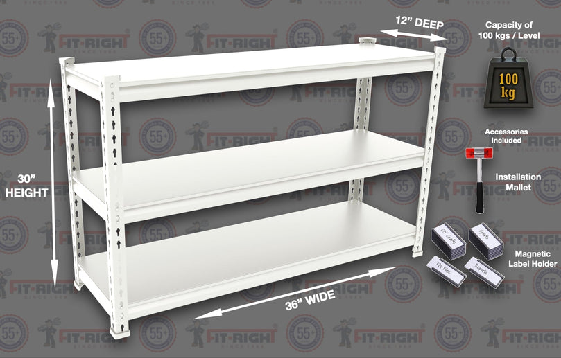 FIT-RIGHT BOLTLESS RACKS 750MM (30") HT X 900MM (36") WIDE X 300MM (12") DEEP 3 LEVELS LOAD CAPACITY OF 100 KGS PER LEVEL, POWDER COATED FULL METAL BODY, OFF WHITE