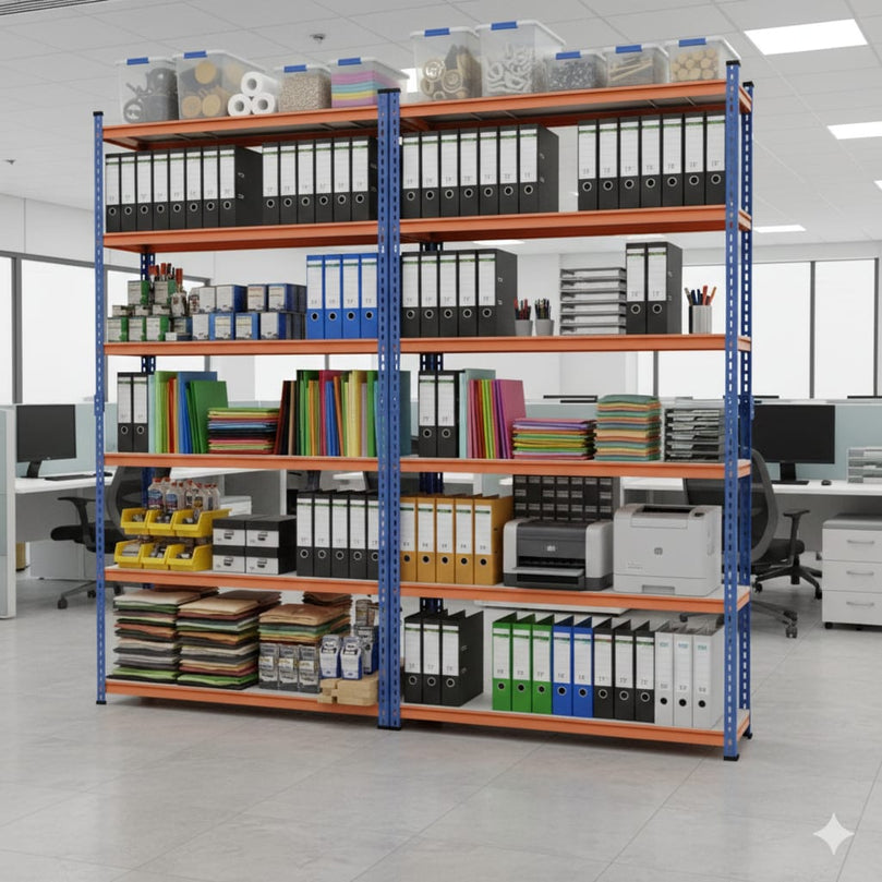 FIT-RIGHT BOLTLESS RACKS 2500MM (96") HT X 900MM (36") WIDE X 300MM (12") DEEP 6 LEVELS LOAD CAPACITY OF 100 KGS PER LEVEL, POWDER COATED FULL METAL BODY, BLUE/ORANGE