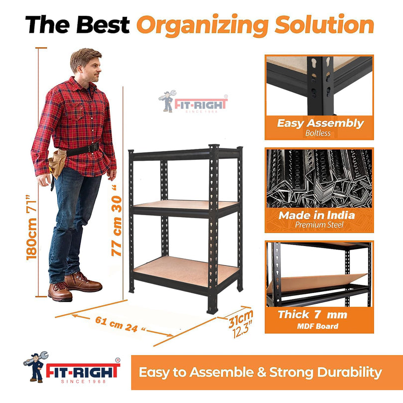 FIT-RIGHT BOLTLESS RACKS 900MM (36") HT X 600MM (24") WIDE X 300MM (12") DEEP 3 LEVELS LOAD CAPACITY OF 100 KGS PER LEVEL POWDER COATED BLACK