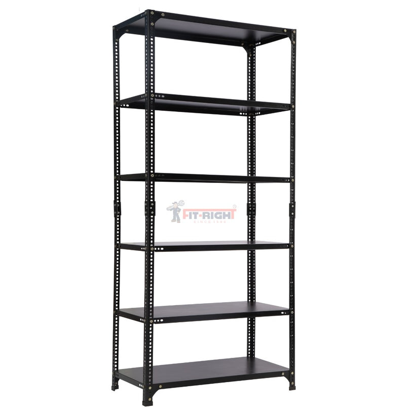 FIT-RIGHT SLOTTED ANGLES RACKS 2000MM (78") HT X 900MM(36") WIDE X 375MM (15") DEEP 6 LEVELS LOAD CAPACITY OF 30-40 KGS, POWDER COATED BLACK ,ANGLES 1.8MM (15G),SHELVES 22G
