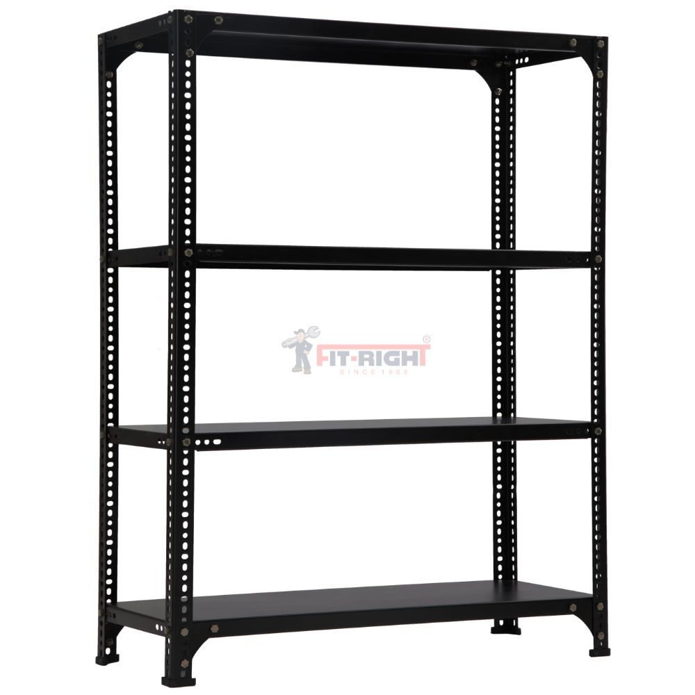 FIT-RIGHT SLOTTED ANGLES RACKS 1200MM (48") HT X 900MM(36") WIDE X 300MM (12") DEEP 4 LEVELS LOAD CAPACITY OF 30-40 KGS, POWDER COATED BLACK, ANGLES 1.8MM (15G), SHELVES 22G