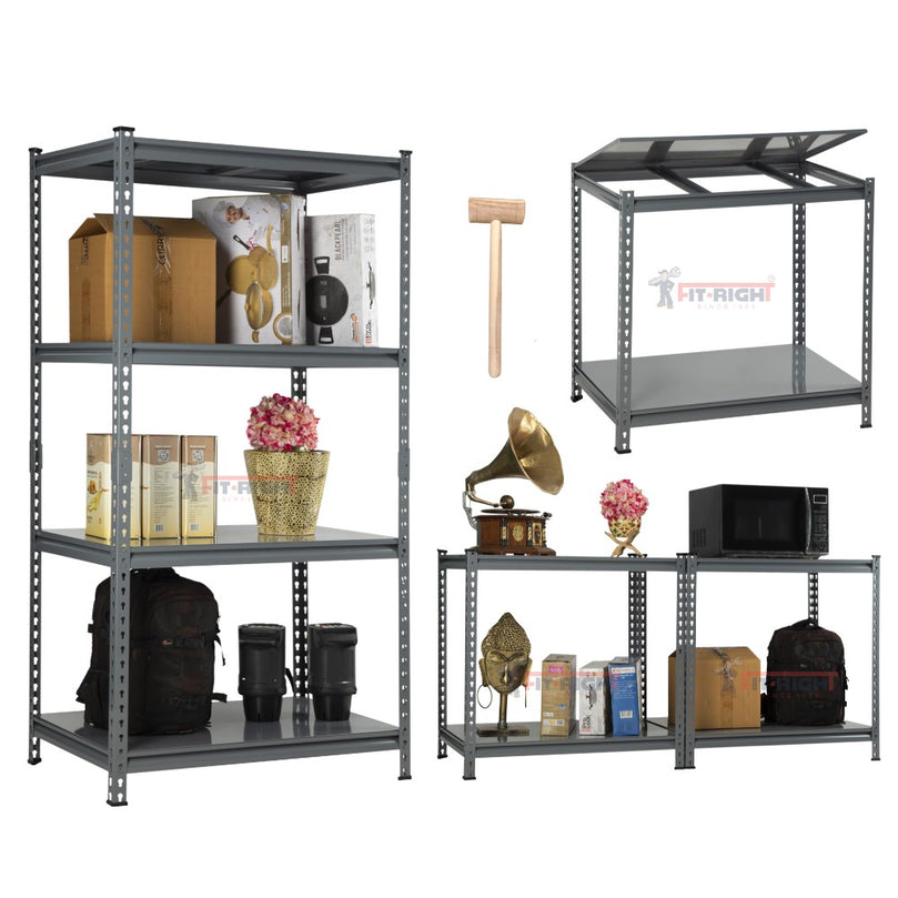 FIT-RIGHT BOLTLESS RACKS 1800MM (72") HT X 900MM (36") WIDE X 600MM (24") DEEP 4 LEVELS LOAD CAPACITY OF 120 KGS PER LEVEL, POWDER COATED GREY WITH HEAVY DUTY SHELVES