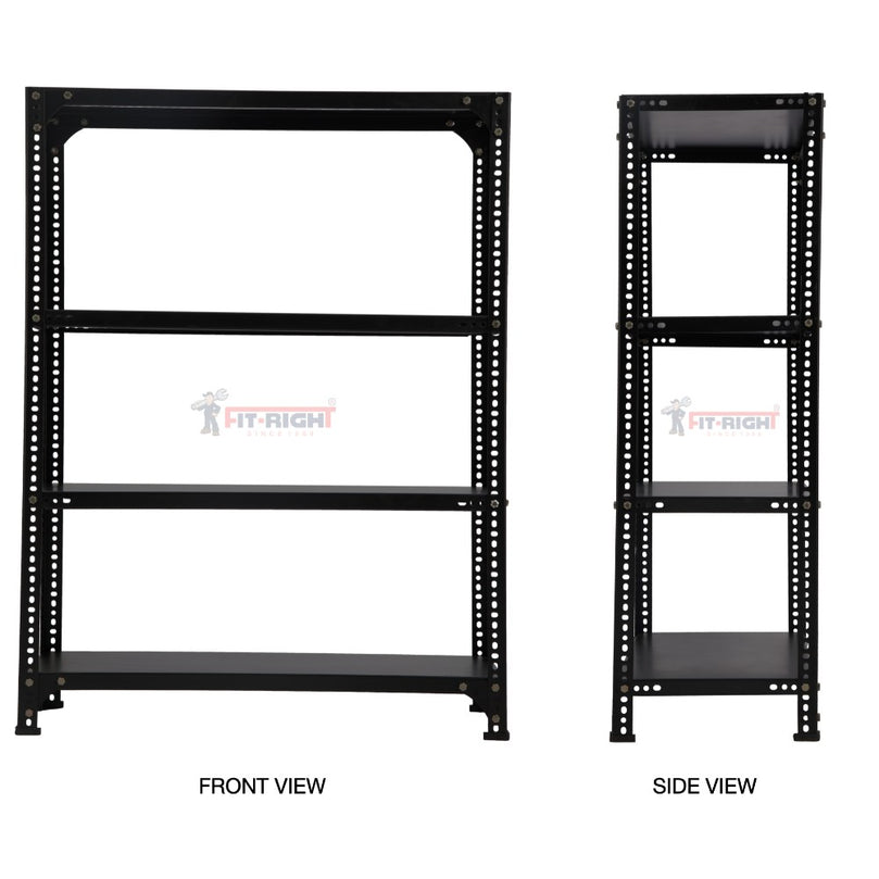 FIT-RIGHT SLOTTED ANGLES RACKS 1200MM (48") HT X 900MM(36") WIDE X 450MM (18") DEEP 4 LEVELS LOAD CAPACITY OF 30-40 KGS, POWDER COATED BLACK ,ANGLES 1.8MM (15G),SHELVES 22G
