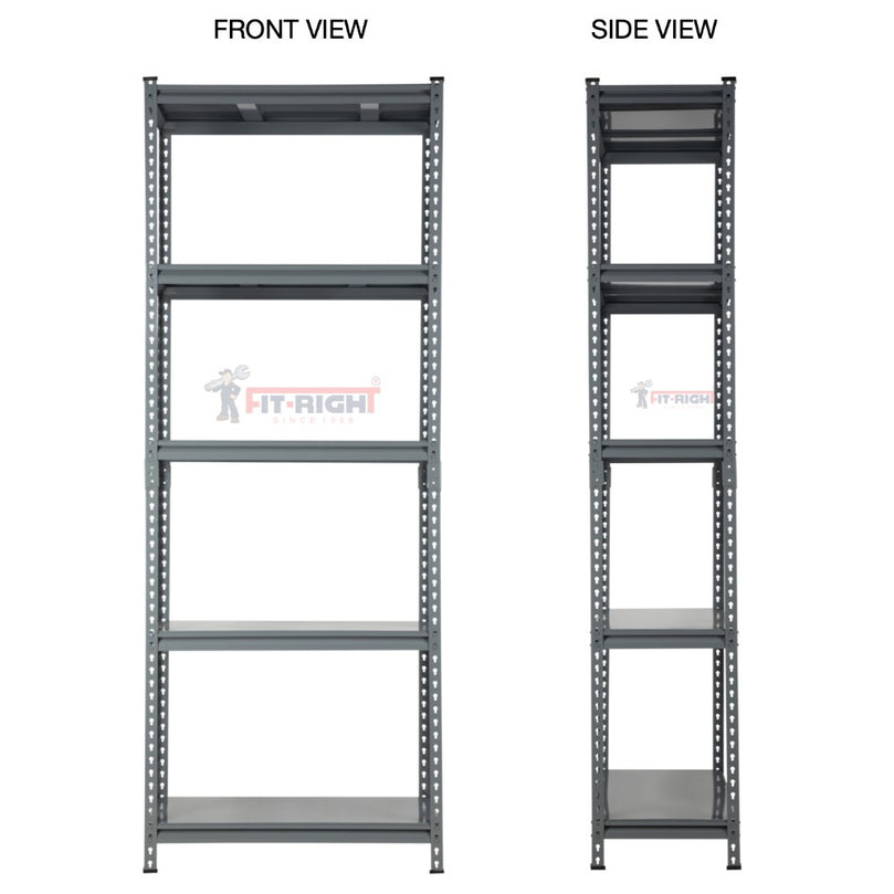 FIT-RIGHT BOLTLESS RACKS 2500MM (96") HT X 900MM (36") WIDE X 450MM (18") DEEP 5 LEVELS LOAD CAPACITY OF 120 KGS PER LEVEL, POWDER COATED GREY WITH HEAVY DUTY SHELVES