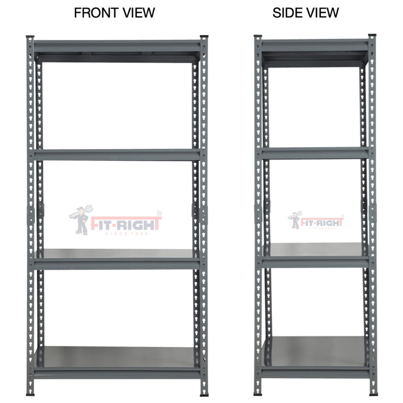 FIT-RIGHT BOLTLESS RACKS 1800MM (72") HT X 900MM (36") WIDE X 600MM (24") DEEP 4 LEVELS LOAD CAPACITY OF 120 KGS PER LEVEL, POWDER COATED GREY WITH HEAVY DUTY SHELVES
