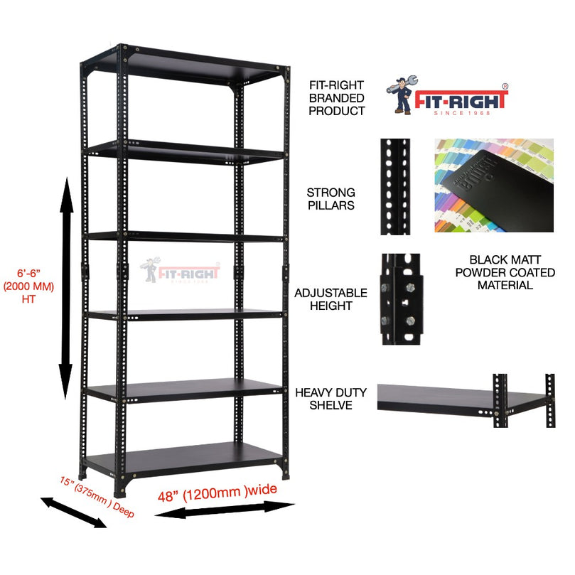 FIT-RIGHT SLOTTED ANGLES RACKS 2000MM (78") HT X 1200MM(48") WIDE X 375MM (15") DEEP 6 LEVELS LOAD CAPACITY OF 30-40 KGS, POWDER COATED BLACK ,ANGLES 1.8MM (15G),SHELVES 22G