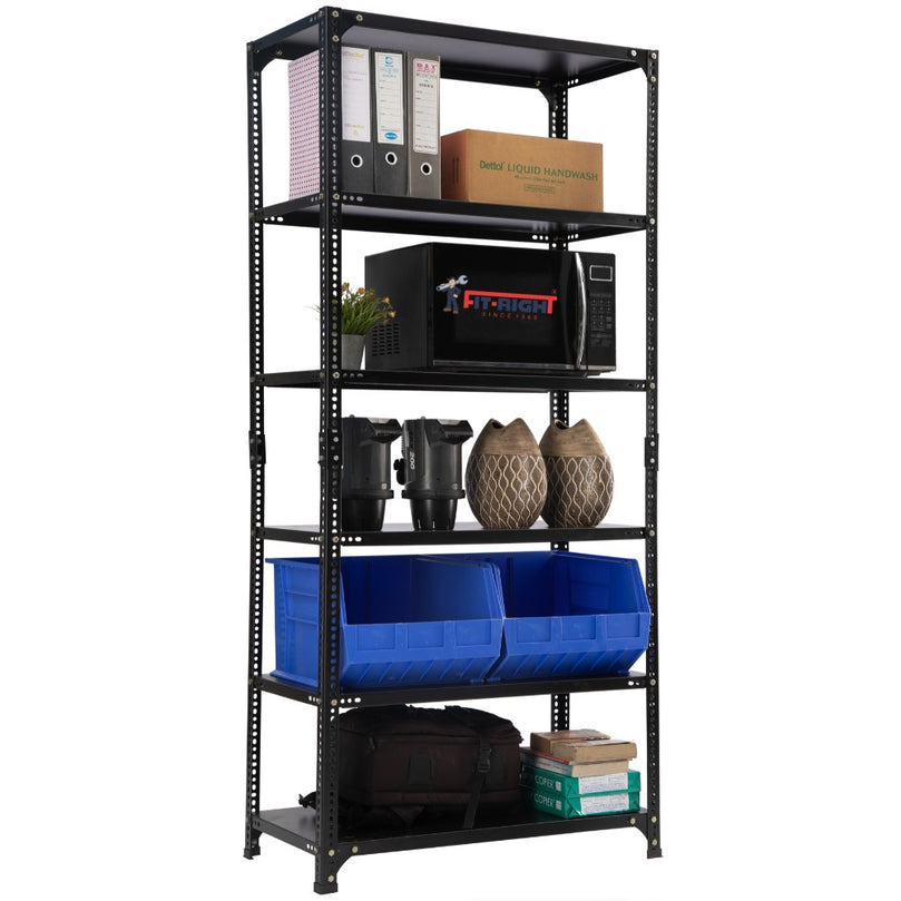 FIT-RIGHT SLOTTED ANGLES RACKS 2000MM (78") HT X 1200MM(48") WIDE X 300MM (12") DEEP 6 LEVELS LOAD CAPACITY OF 30-40 KGS, POWDER COATED BLACK ,ANGLES 1.8MM (15G),SHELVES 22G