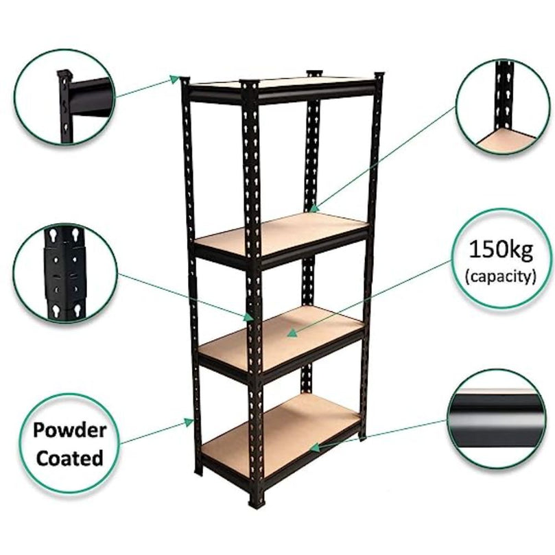 FIT-RIGHT BOLTLESS RACKS 1200MM (48") HT X 600MM (24") WIDE X 300MM (12") DEEP 4 LEVELS LOAD CAPACITY OF 100 KGS PER LEVEL, POWDER COATED BLACK