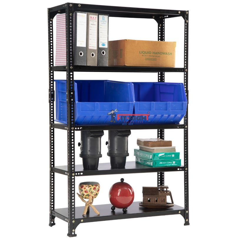 FIT-RIGHT SLOTTED ANGLES RACKS 1500MM (60") HT X 900MM(36") WIDE X 450MM (18") DEEP 5 LEVELS LOAD CAPACITY OF 30-40 KGS, POWDER COATED BLACK ,ANGLES 1.8MM (15G),SHELVES 22G