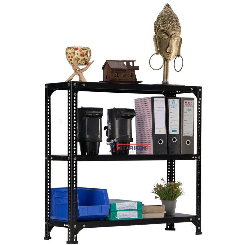 FIT-RIGHT SLOTTED ANGLES RACKS 900MM (36") HT X 900MM(36") WIDE X 375MM (15") DEEP 3 LEVELS LOAD CAPACITY OF 30-40 KGS, POWDER COATED BLACK ,ANGLES 1.8MM (15G),SHELVES 22G