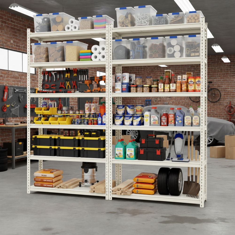 FIT-RIGHT BOLTLESS RACKS 2000MM (78") HT X 900MM (36") WIDE X 300MM (12") DEEP 6 LEVELS LOAD CAPACITY OF 100 KGS PER LEVEL, POWDER COATED FULL METAL BODY, IVORY