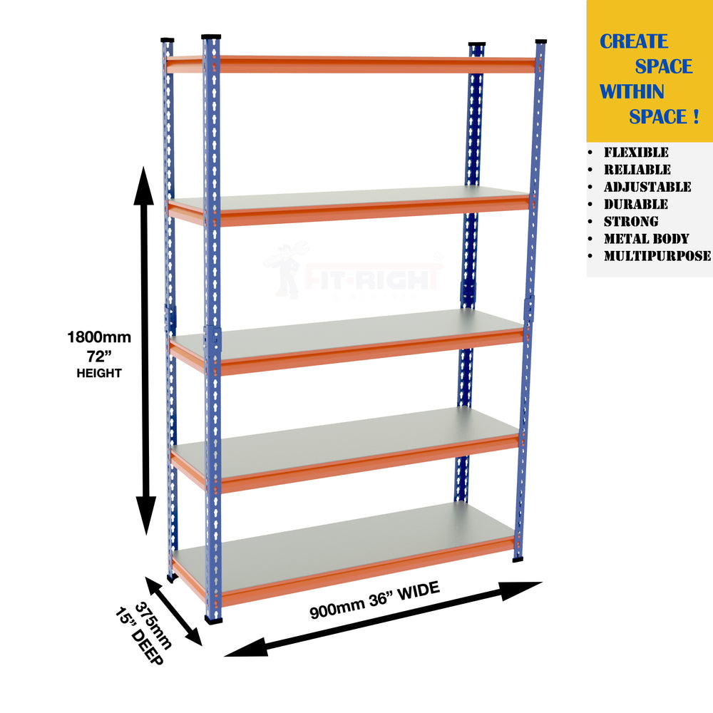 FIT-RIGHT BOLTLESS RACKS 1800MM (72") HT X 900MM (36") WIDE X 375MM (15") DEEP 5 LEVELS LOAD CAPACITY OF 100 KGS PER LEVEL, POWDER COATED FULL METAL BODY, BLUE/ORANGE