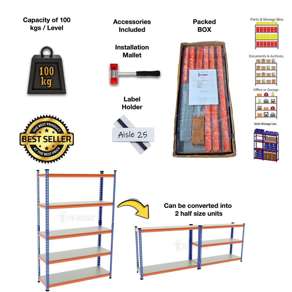 FIT-RIGHT BOLTLESS RACKS 1800MM (72") HT X 900MM (36") WIDE X 375MM (15") DEEP 5 LEVELS LOAD CAPACITY OF 100 KGS PER LEVEL, POWDER COATED FULL METAL BODY, BLUE/ORANGE