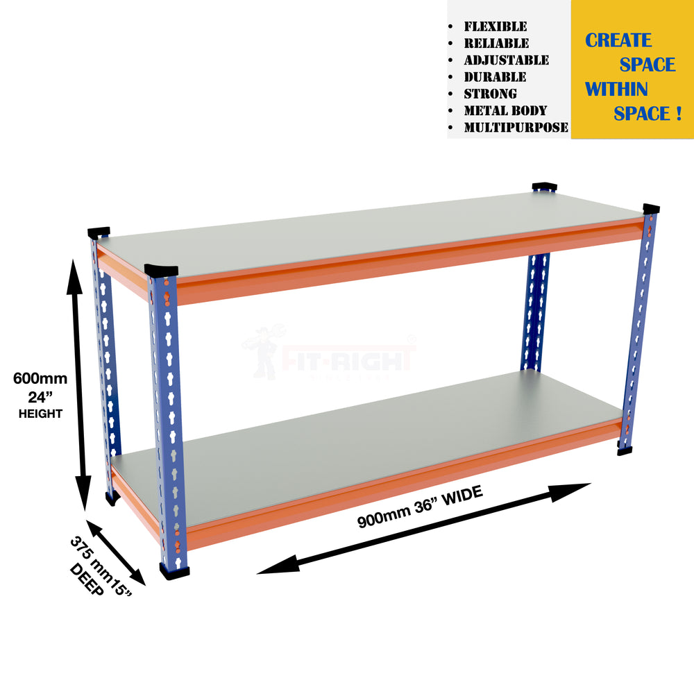 FIT-RIGHT BOLTLESS RACKS 600MM (24") HT X 900MM (36") WIDE X 375MM (15") DEEP 2 LEVELS LOAD CAPACITY OF 100 KGS PER LEVEL, POWDER COATED FULL METAL BODY, BLUE/ORANGE