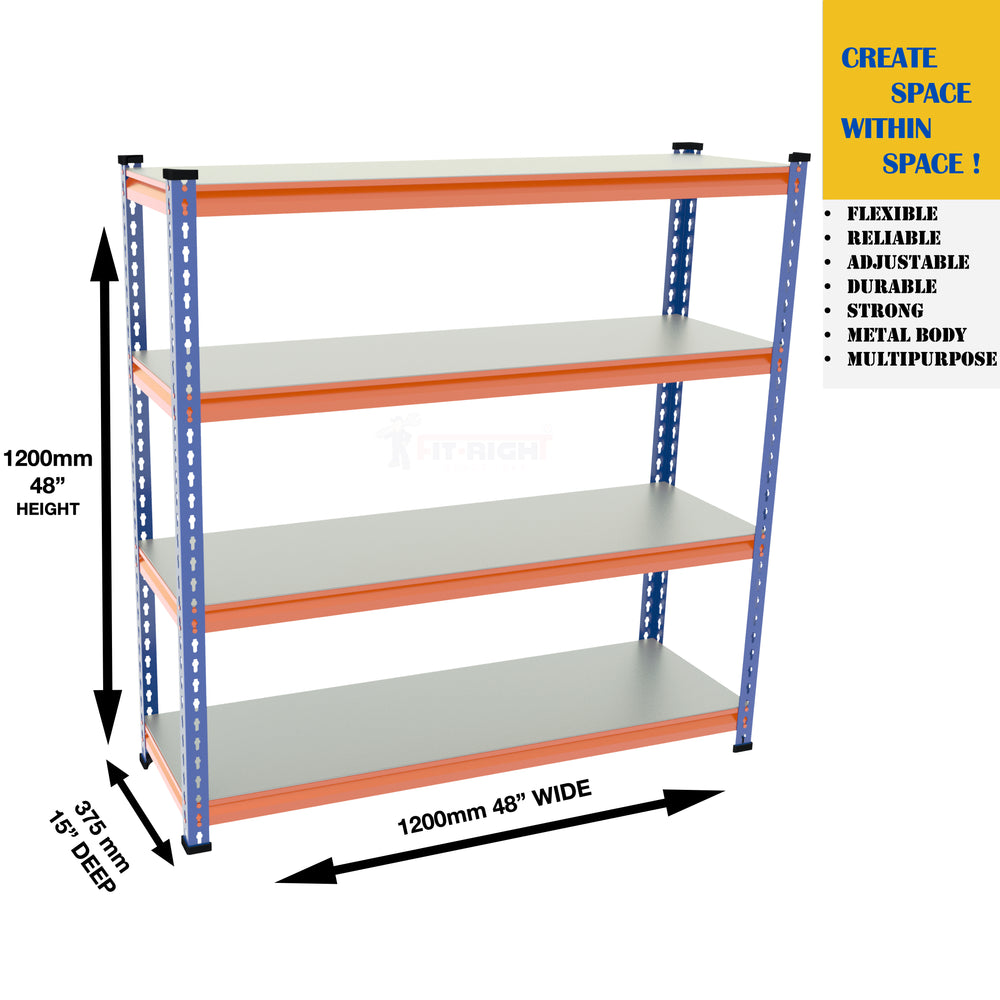 FIT-RIGHT BOLTLESS RACKS 1200MM (48") HT X 1200MM (48") WIDE X 375MM (15") DEEP 4 LEVELS LOAD CAPACITY OF 100 KGS PER LEVEL, POWDER COATED FULL METAL BODY, BLUE/ORANGE