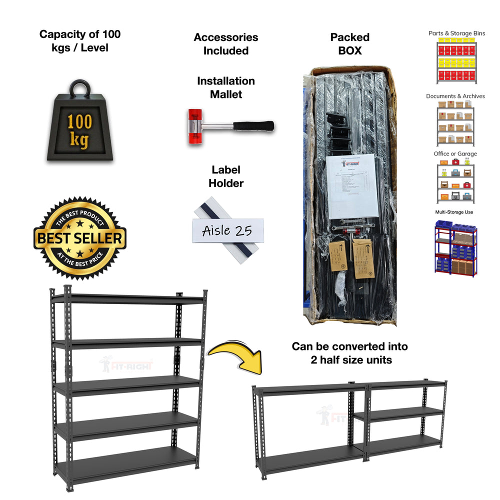 FIT-RIGHT BOLTLESS RACKS 1500MM (60") HT X 900MM (36") WIDE X 375MM (15") DEEP 5 LEVELS LOAD CAPACITY OF 100 KGS PER LEVEL, POWDER COATED FULL METAL BODY, BLACK MATT