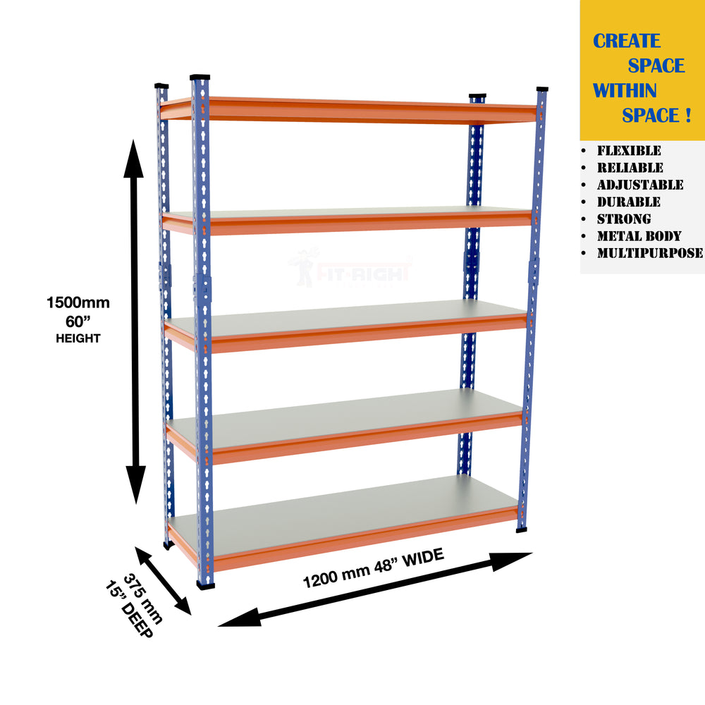 FIT-RIGHT BOLTLESS RACKS 1500MM (60") HT X 1200MM (48") WIDE X 375MM (15") DEEP 5 LEVELS LOAD CAPACITY OF 100 KGS PER LEVEL, POWDER COATED FULL METAL BODY, BLUE/ORANGE