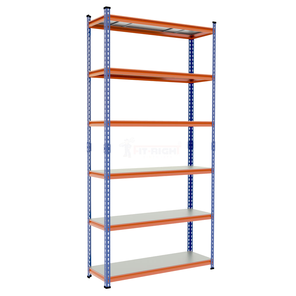 FIT-RIGHT BOLTLESS RACKS 2500MM (96") HT X 1200MM (48") WIDE X 375MM (15") DEEP 6 LEVELS LOAD CAPACITY OF 100 KGS PER LEVEL, POWDER COATED FULL METAL BODY, BLUE/ORANGE