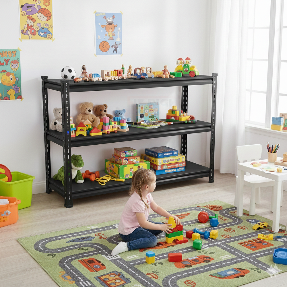 FIT-RIGHT BOLTLESS RACKS 750MM (30") HT X 900MM (36") WIDE X 375MM (15") DEEP 3 LEVELS LOAD CAPACITY OF 100 KGS PER LEVEL, POWDER COATED FULL METAL BODY, BLACK MATT
