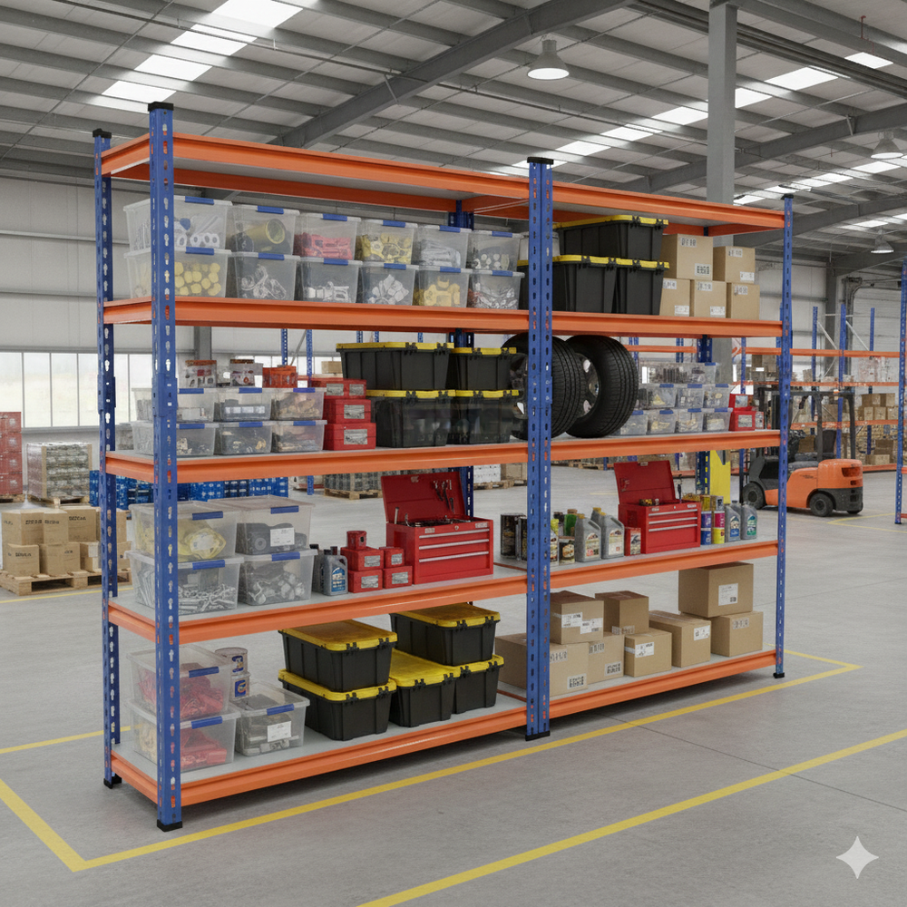 FIT-RIGHT BOLTLESS RACKS 1500MM (60") HT X 600MM (24") WIDE X 300MM (12") DEEP 5 LEVELS LOAD CAPACITY OF 100 KGS PER LEVEL, POWDER COATED FULL METAL BODY, BLUE/ORANGE