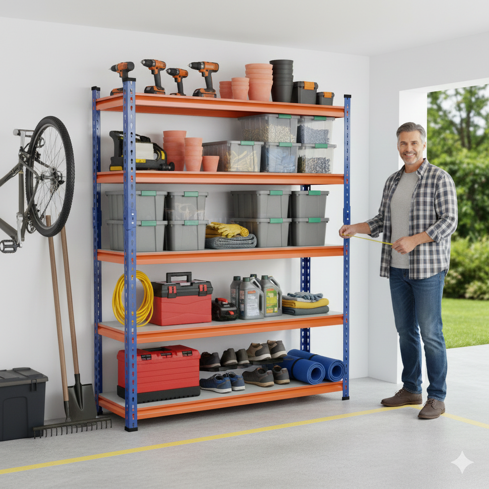 FIT-RIGHT BOLTLESS RACKS 1800MM (72") HT X 1200MM (48") WIDE X 375MM (15") DEEP 5 LEVELS LOAD CAPACITY OF 100 KGS PER LEVEL, POWDER COATED FULL METAL BODY, BLUE/ORANGE